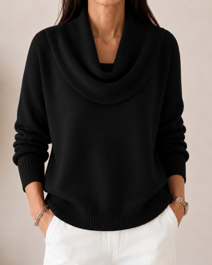 Soft Bennett and Lowe cowl neck jumper in cozy knit, featuring a relaxed fit and draped neckline, perfect for casual wear.