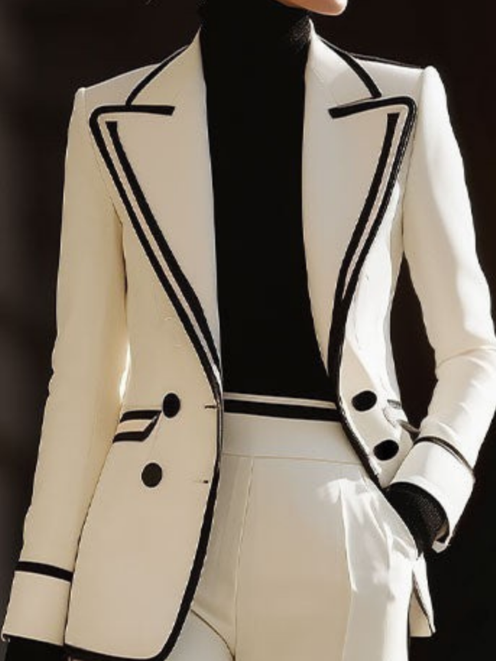 Donna double-breasted blazer pants suit by Bennett and Lowe, tailored women’s blazer and matching wide-leg trousers set.