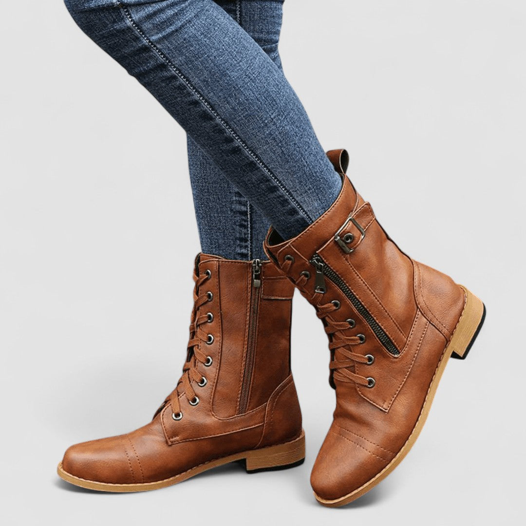 Bennett and Lowe Sylvia lace-up mid-calf women's boots in black leather with sturdy soles and stylish design.
