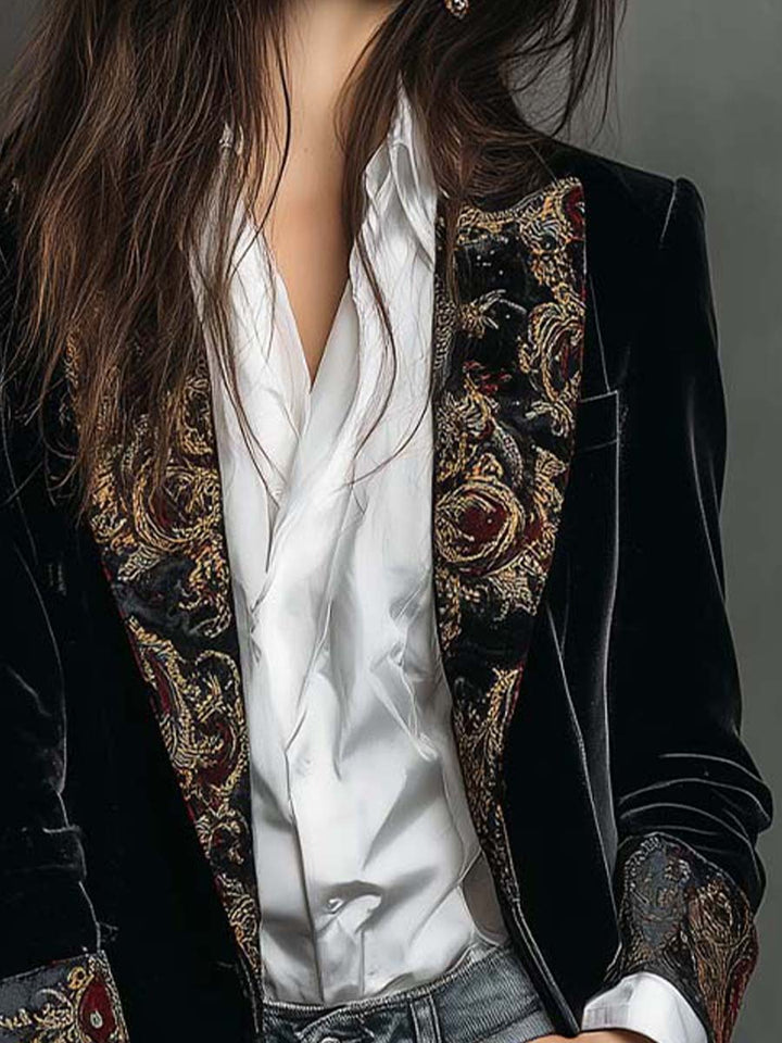 Alison Bennett and Lowe baroque-print long sleeve blazer with lapel collar, tailored fit, and stylish design.
