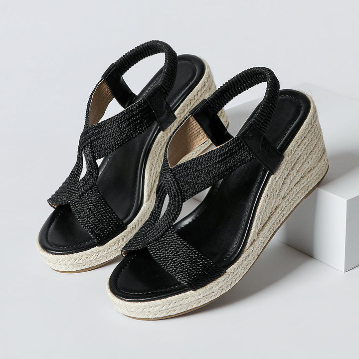 Bennett and Lowe Aroa handwoven wedge sandals with natural fiber straps and cork wedge heel, stylish summer footwear.