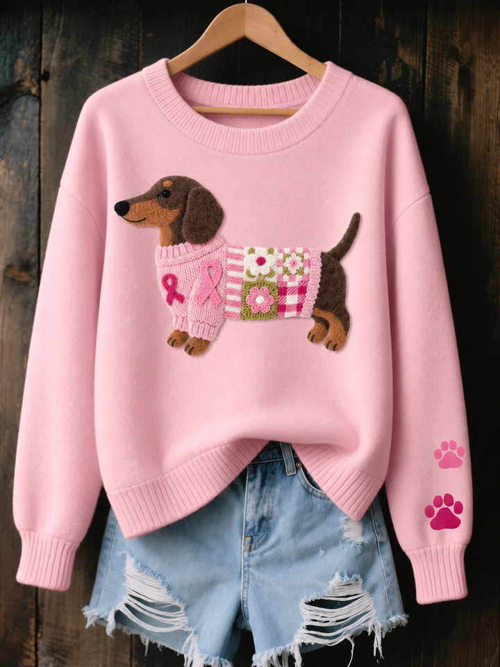 Women's knit sweater by Bennett and Lowe featuring a dachshund motif, long-sleeve design, cozy knit fabric.