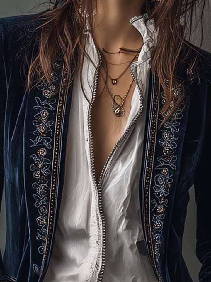 Embroidered longline blazer by Bennett and Lowe featuring intricate embroidery, tailored fit, and stylish design.