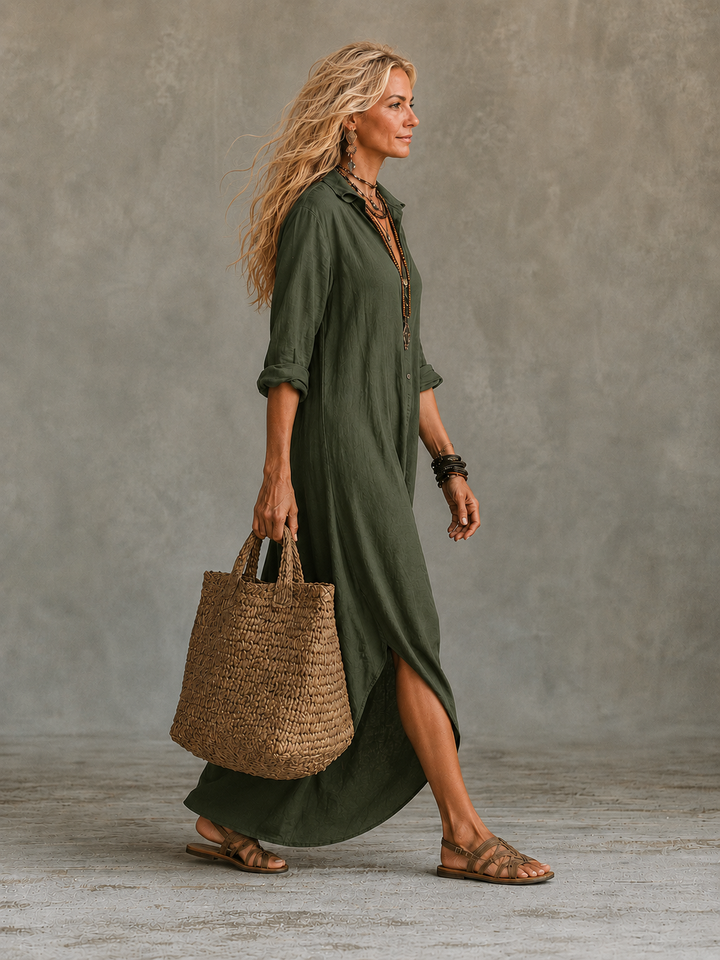 Vivienne button-down maxi dress from My Store 2, flowing fabric, full-length design, and elegant collar detail in a light color.