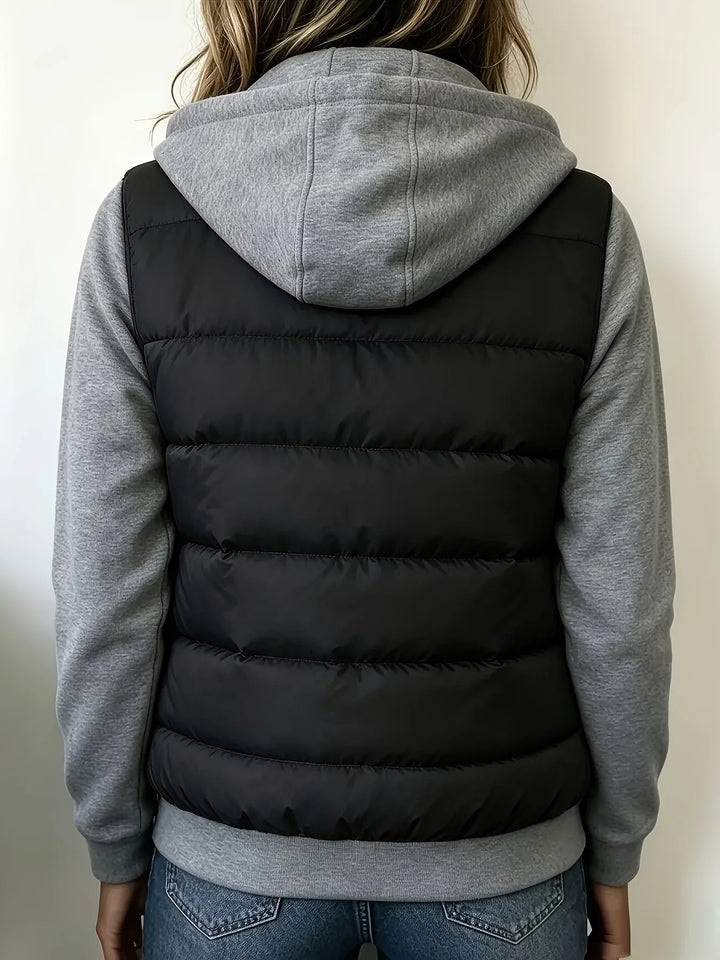 Bennett and Lowe Kinsley hooded color-block puffer jacket with quilted panels and front zip closure