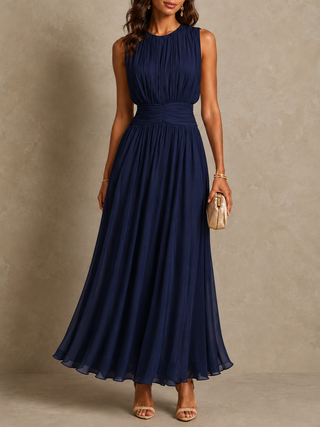 Roxanne | Ruched-Waist Sleeveless Flowing Maxi Dress for Women