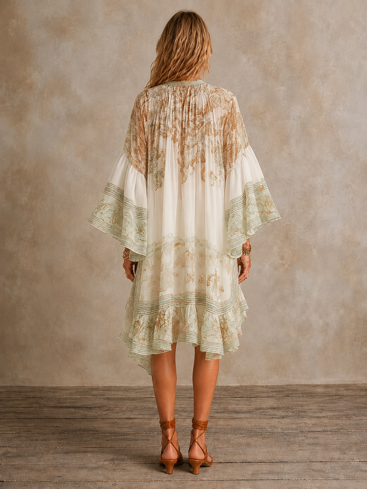 Bennett & Lowe Isabella ruffle hem mini dress in a flowy fabric with a stylish ruffle detail at the hem.