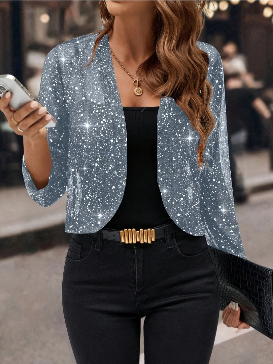Bennett and Lowe Nerissa open-front sparkle cropped cardigan in a shimmering knit design