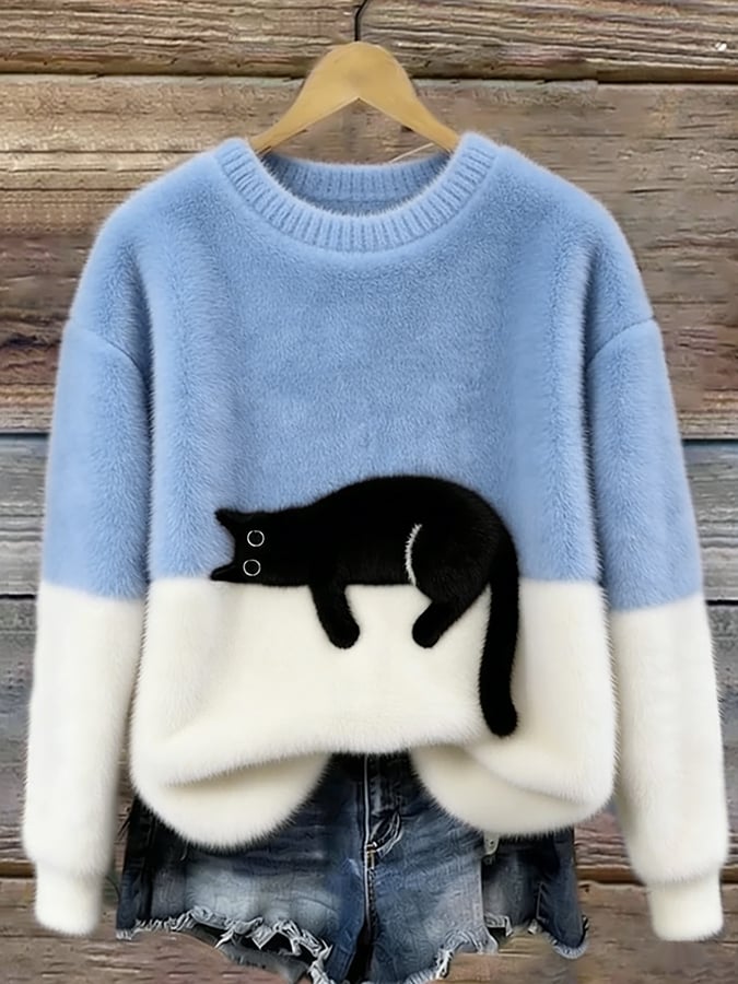 Bennett and Lowe Aileen cat print oversized women's sweater in soft knit fabric, featuring a colorful feline design.