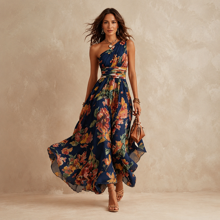 Celeste Bennett and Lowe one-shoulder floral maxi dress with vibrant floral pattern and flowing fabric, styled for elegant occasions.