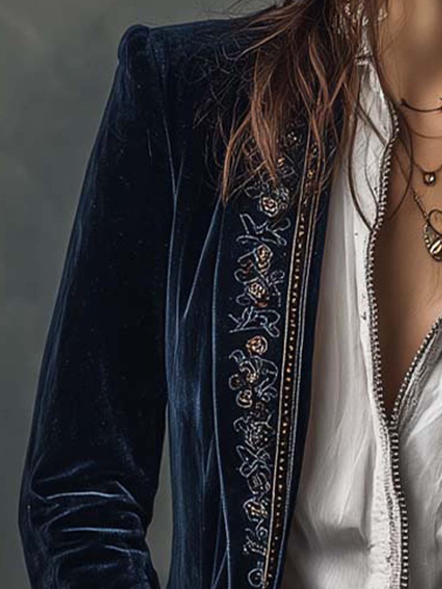 Embroidered longline blazer by Bennett and Lowe featuring tailored fit and detailed embroidery, worn styled casually.