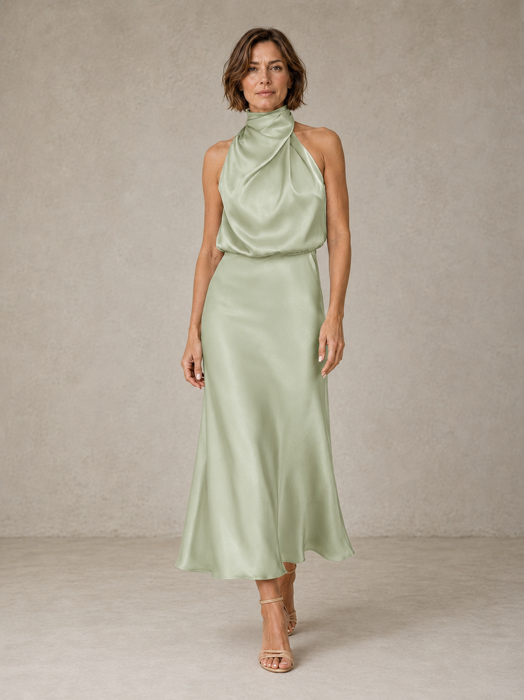 Violet & Grace Harper halter satin evening dress in elegant design, featuring a sleek, shiny fabric and sophisticated style.