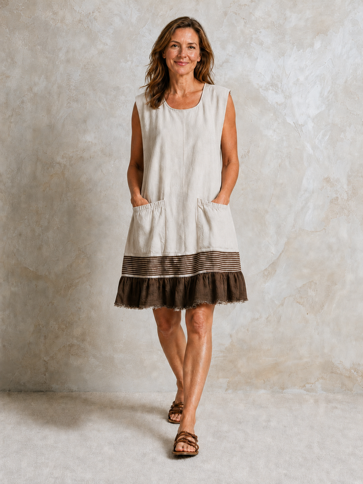 Hazel Bennett and Lowe ruffle hem tunic dress, lightweight fabric with flowy silhouette and stylish ruffle detail at the hem.