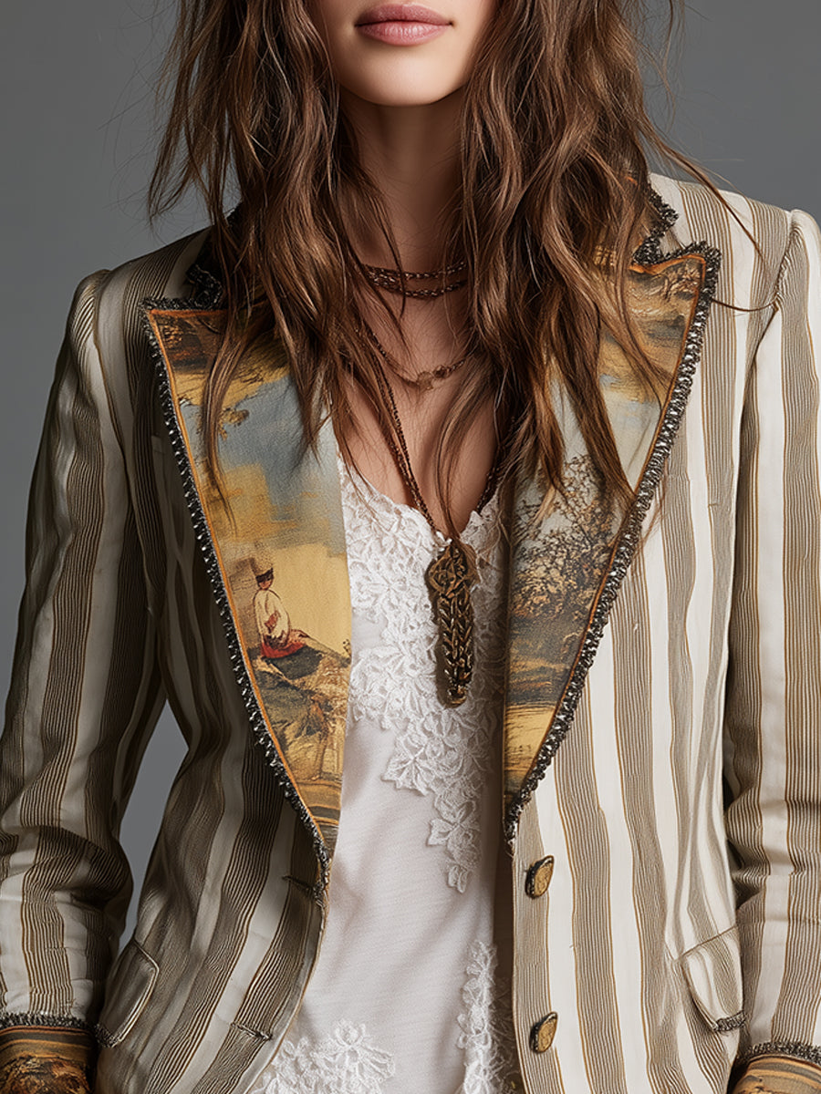 Marielle Bennett and Lowe boho striped long sleeve blazer for women with lapel collar and stylish design.