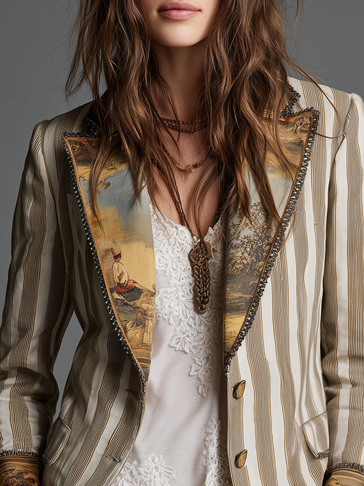 Marielle Bennett and Lowe boho striped long sleeve blazer for women with lapel collar and stylish design.
