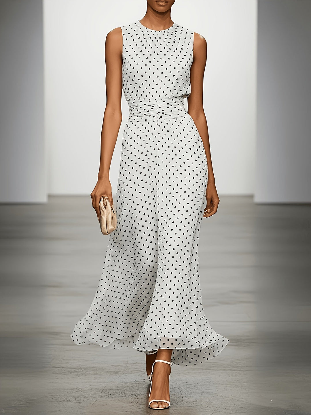 Polka dot maxi dress by Bennett and Lowe featuring a flowing silhouette and sleeveless design.