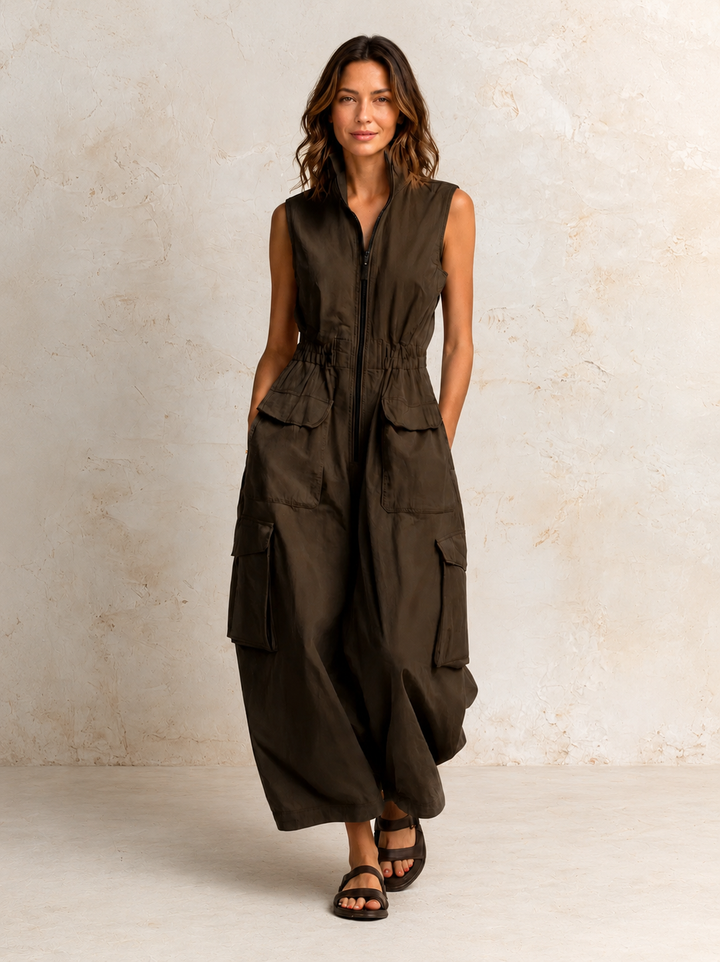Ursula Bennett and Lowe utility cargo jumpsuit showing front view with multiple pockets and adjustable straps.