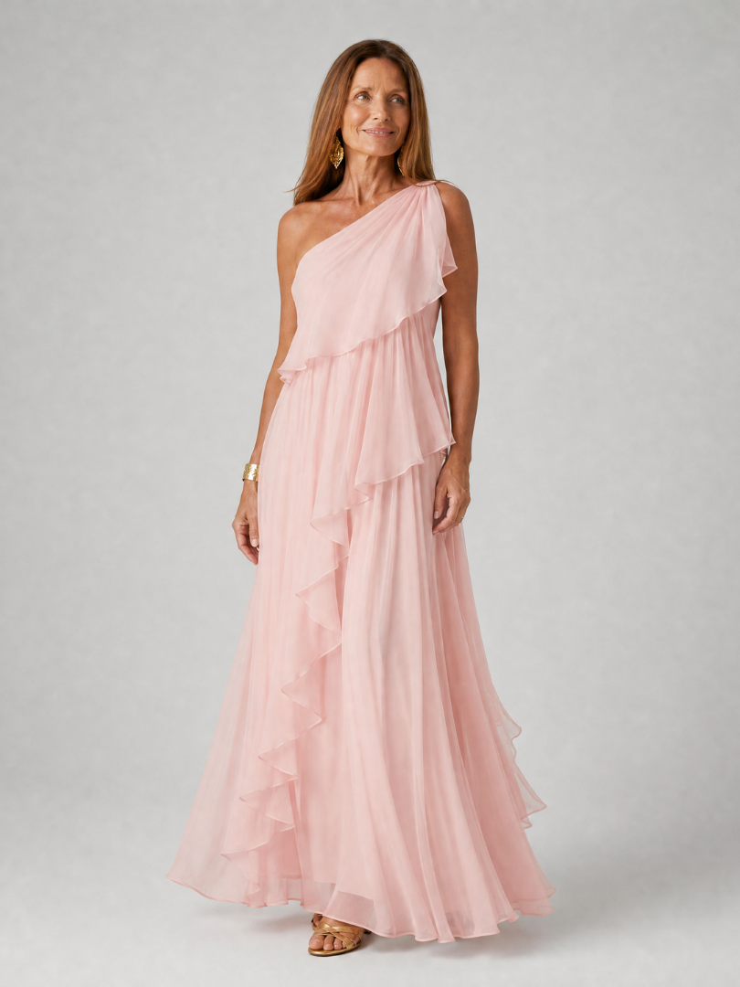 Tracey Bennett and Lowe one-shoulder ruffle maxi dress, flowing fabric with a stylish asymmetrical ruffle detail, full-length silhouette.