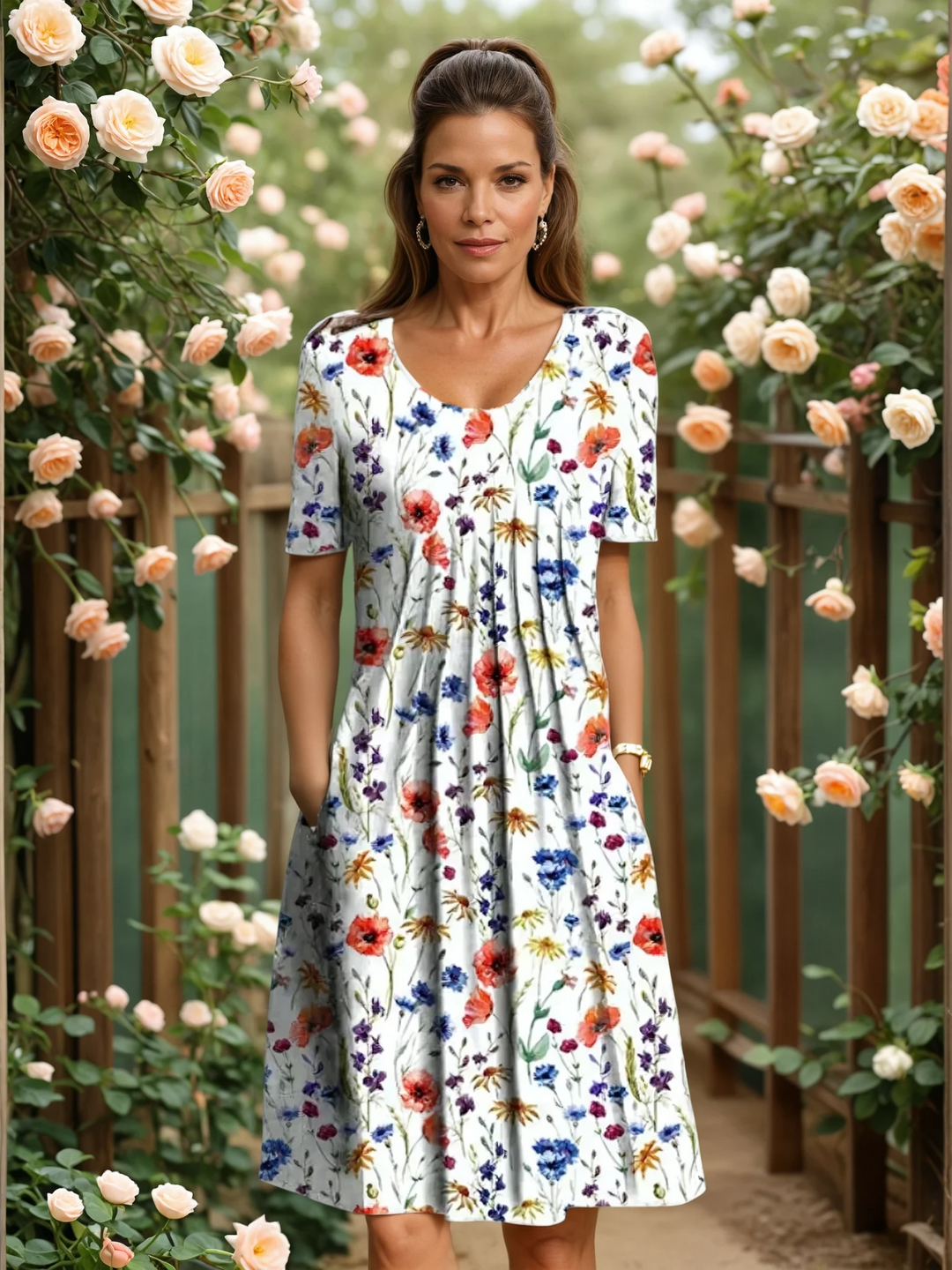 Elegant floral midi dress by Bennett and Lowe, featuring a fitted bodice and flowing skirt with vibrant floral print.