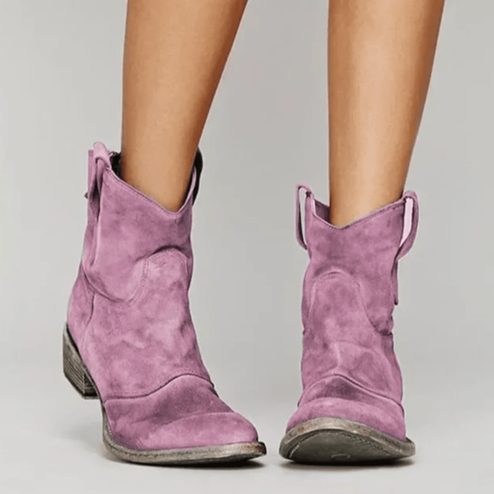 Bennett and Lowe Charlotte Comfort Suede Ankle Boots showing sleek tan suede with low heel and side zipper.