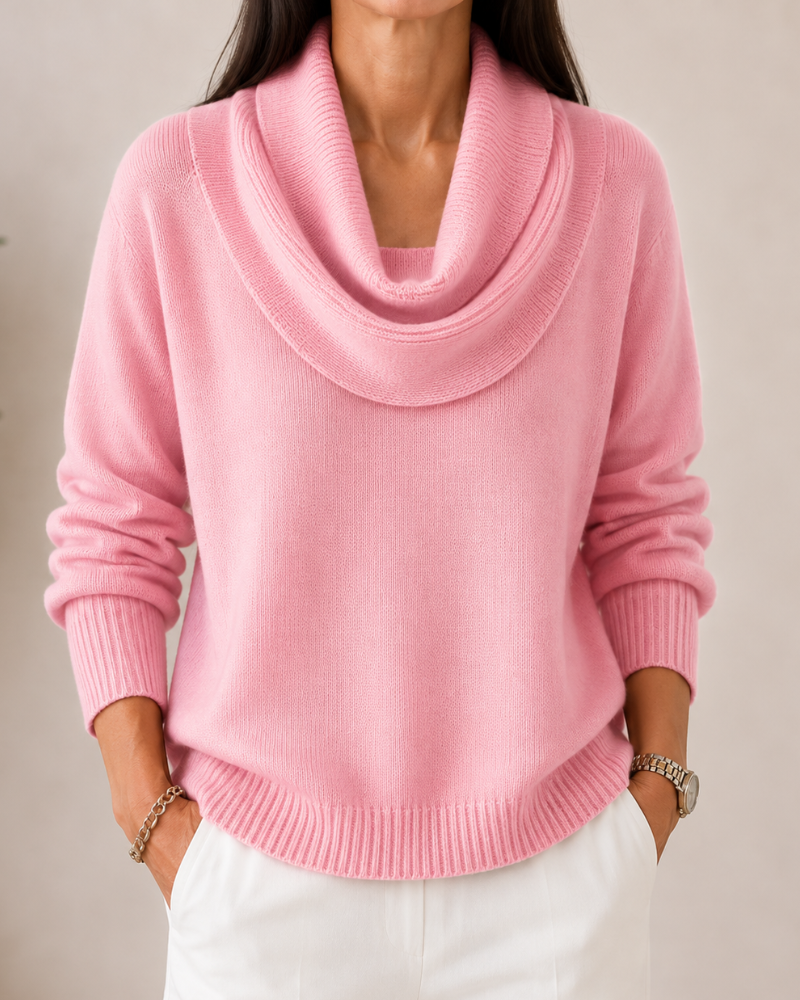 Bennett and Lowe soft cowl neck jumper in cozy knit, featuring a relaxed fit and draped cowl neckline.