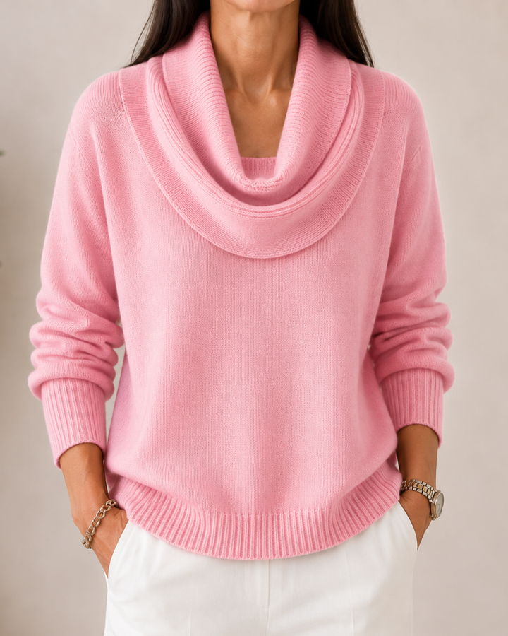 Bennett and Lowe soft cowl neck jumper in cozy knit, featuring a relaxed fit and draped cowl neckline.
