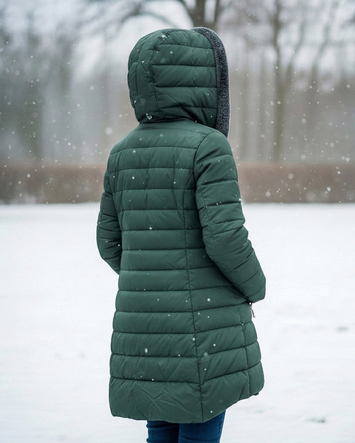Bennett and Lowe Marguerite hooded quilted winter jacket with insulated design and cozy hood for cold weather.