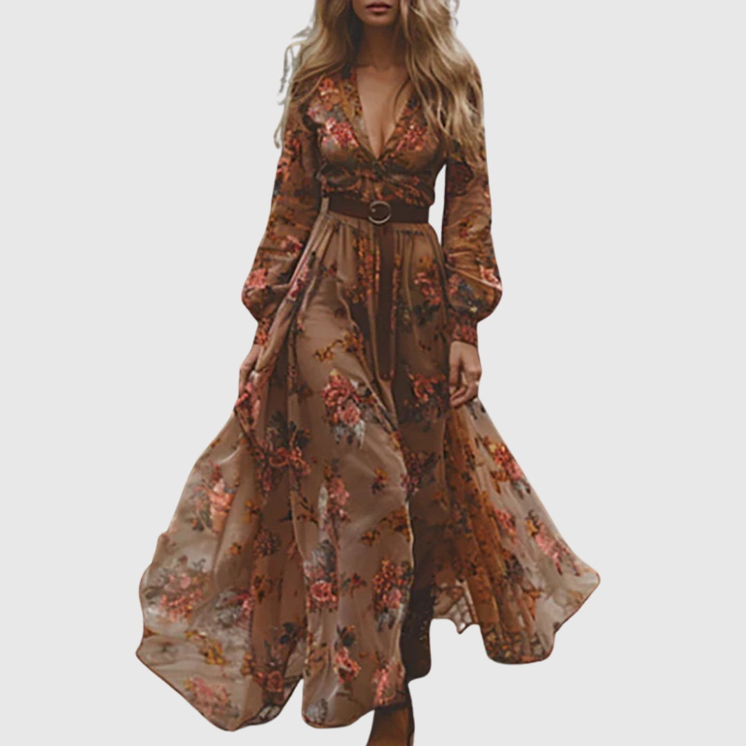 Alina Soleil | Embroidered V-Neck Long-Sleeve Boho Maxi Dress for Women