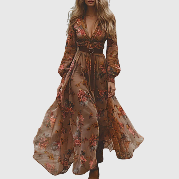 Alina Soleil | Embroidered V-Neck Long-Sleeve Boho Maxi Dress for Women