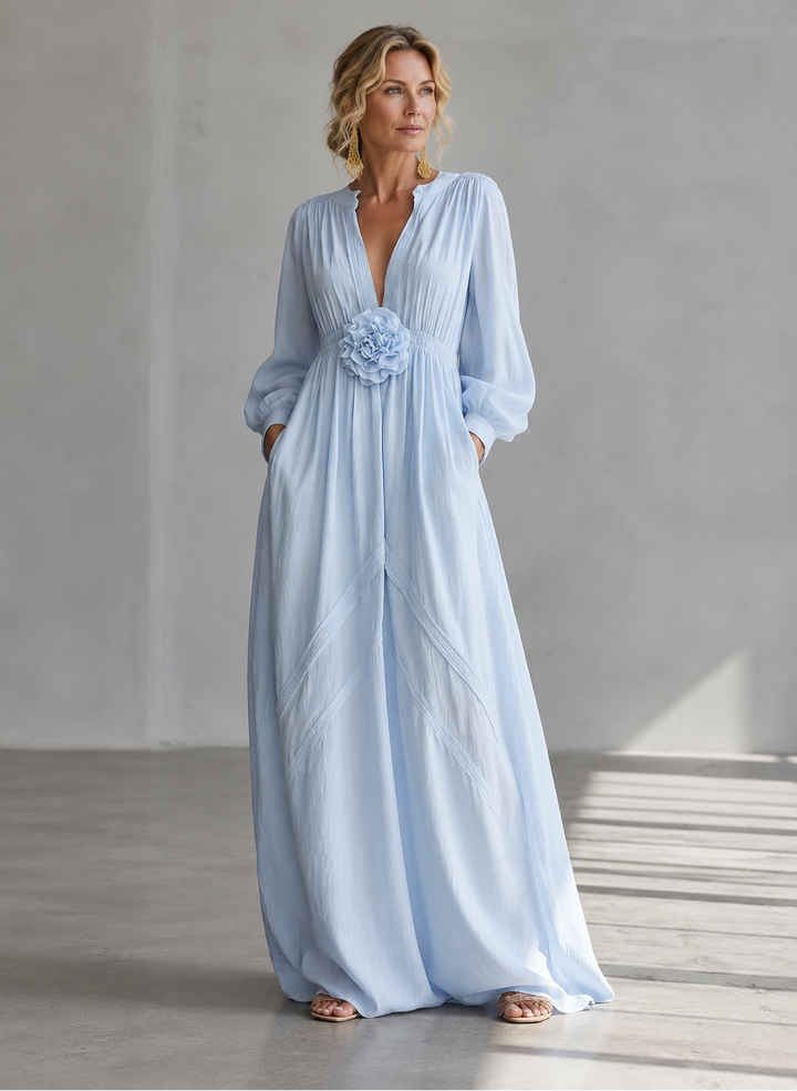 Bennett and Lowe Marielle 3D floral high-waist maxi dress with vibrant floral patterns and flowing fabric.