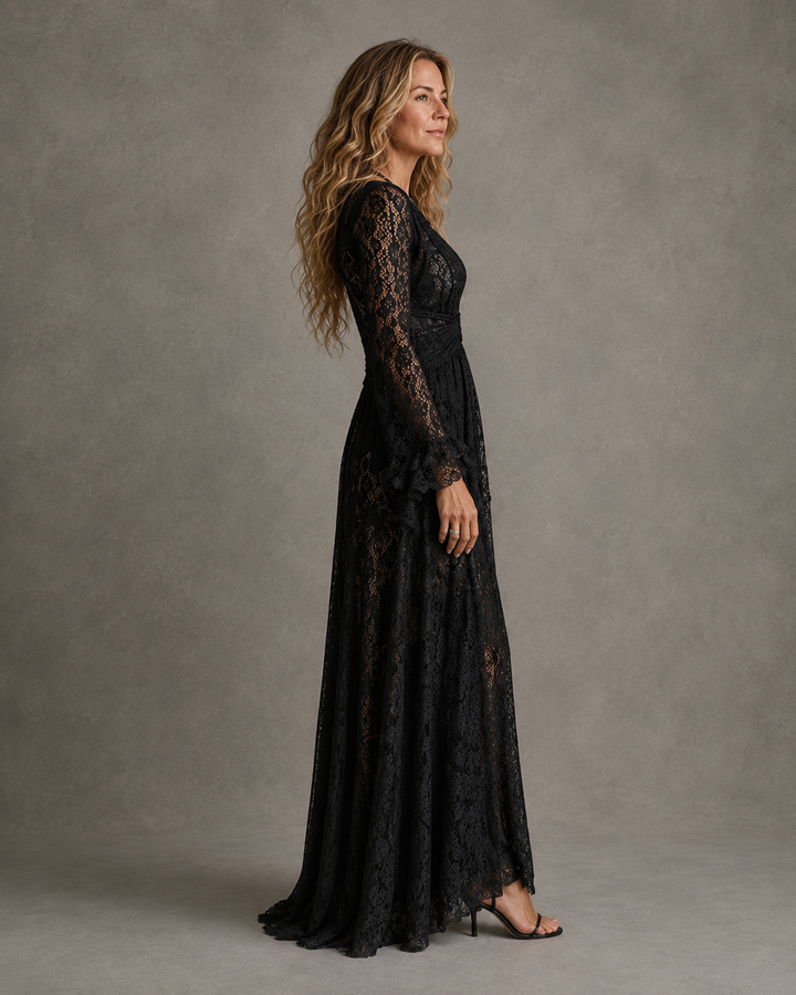 Charlotte plunging V-neck maxi dress by Bennett and Lowe, flowing fabric with a deep V-neckline and elegant silhouette.