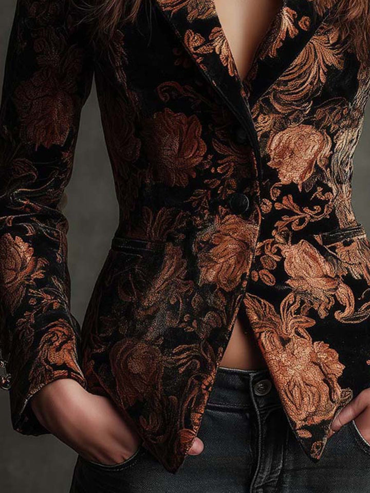 Bennett and Lowe Jeanette floral-print tailored blazer with long sleeves, stylish and fitted for a chic professional look.
