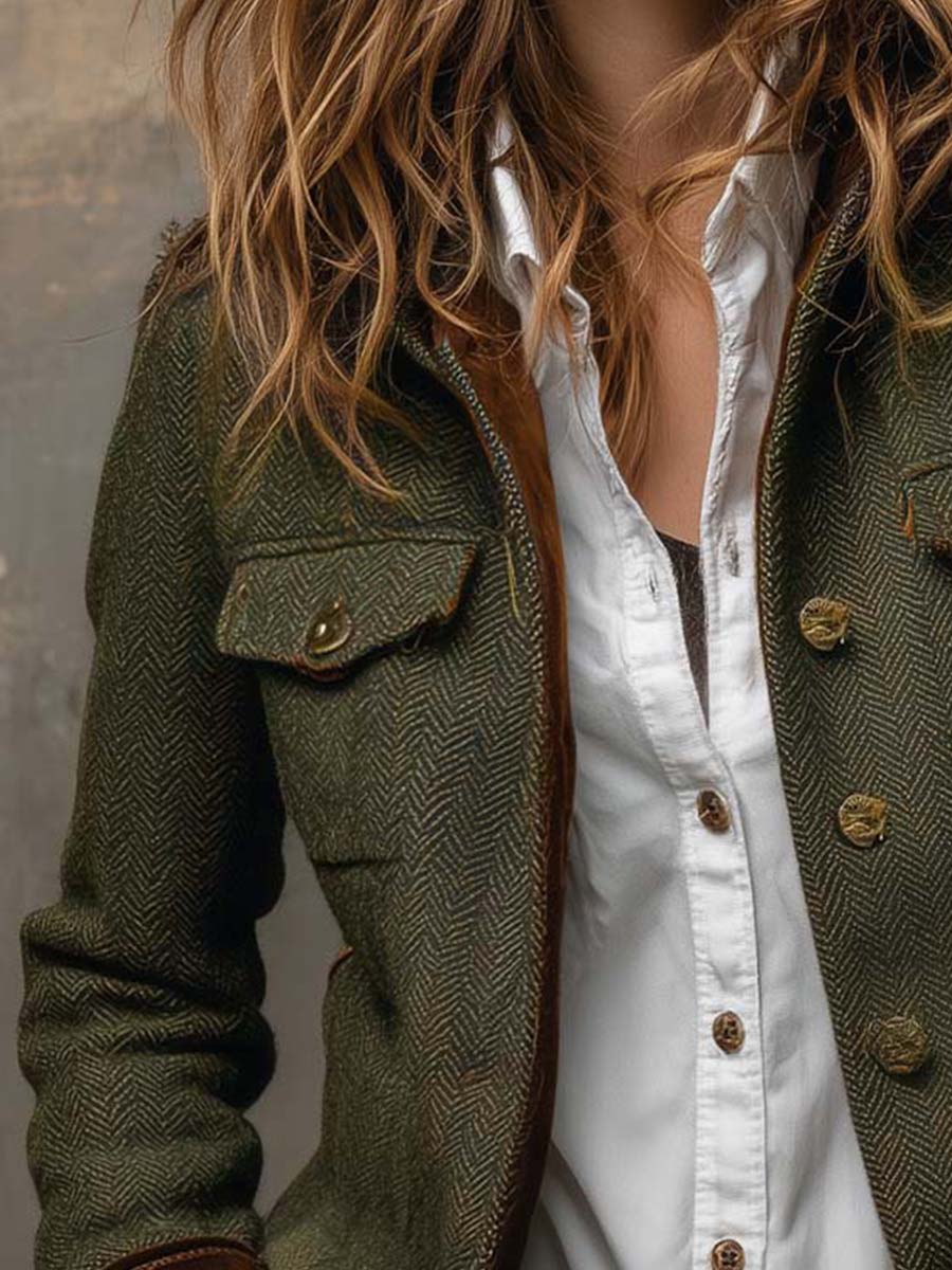 Barbara Herringbone Contrast-Trim Blazer by Bennett and Lowe, tailored jacket with classic herringbone pattern and stylish contrast trim.