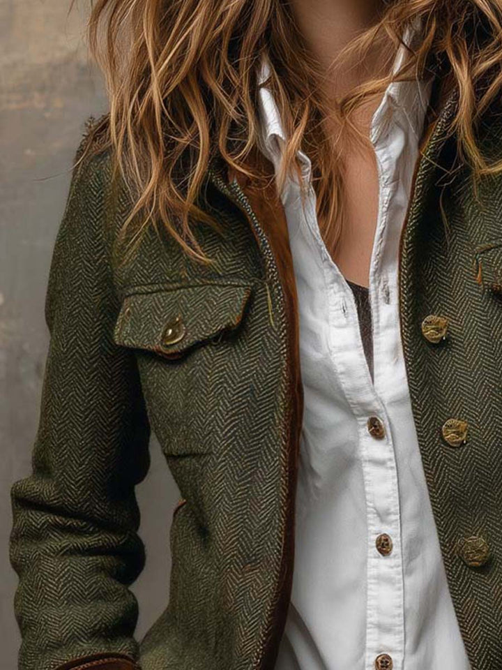 Barbara Herringbone Contrast-Trim Blazer by Bennett and Lowe, tailored jacket with classic herringbone pattern and stylish contrast trim.
