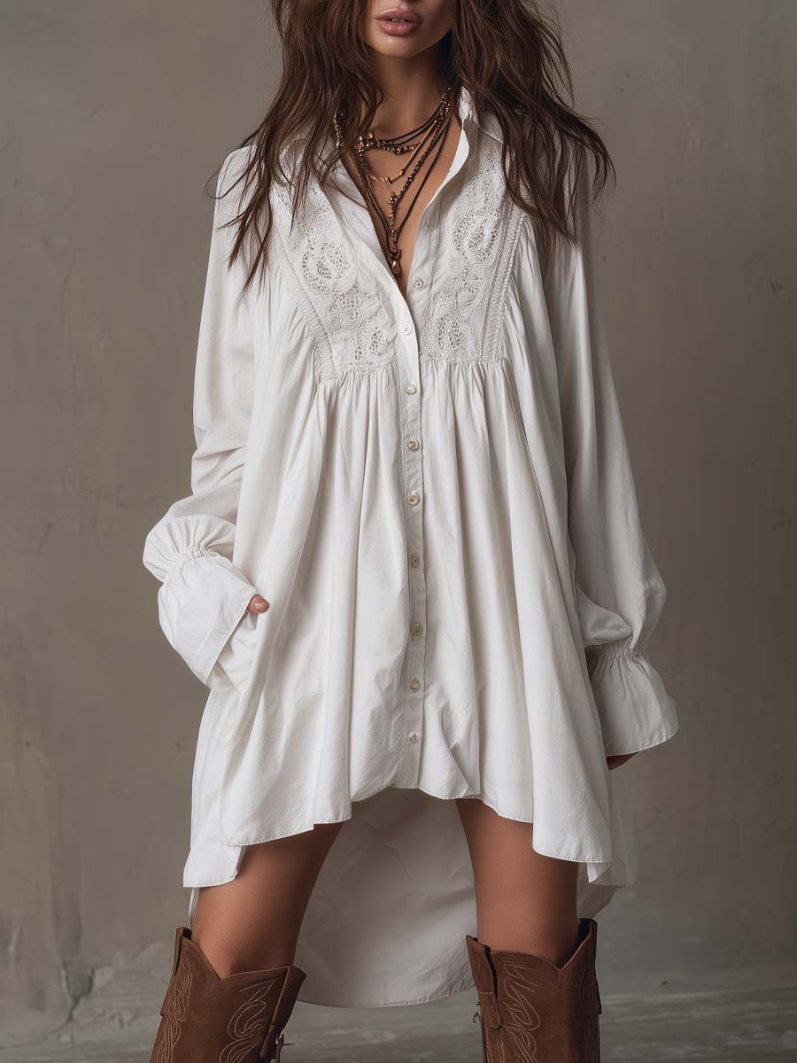 Olivia Newyork Country Muse Lucia lace detail irregular-hem mini dress on a model, showcasing its unique hem and delicate lace accents.