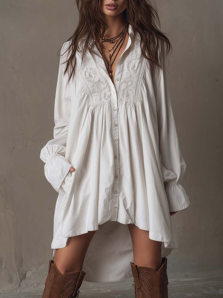 Olivia Newyork Country Muse Lucia lace detail irregular-hem mini dress on a model, showcasing its unique hem and delicate lace accents.
