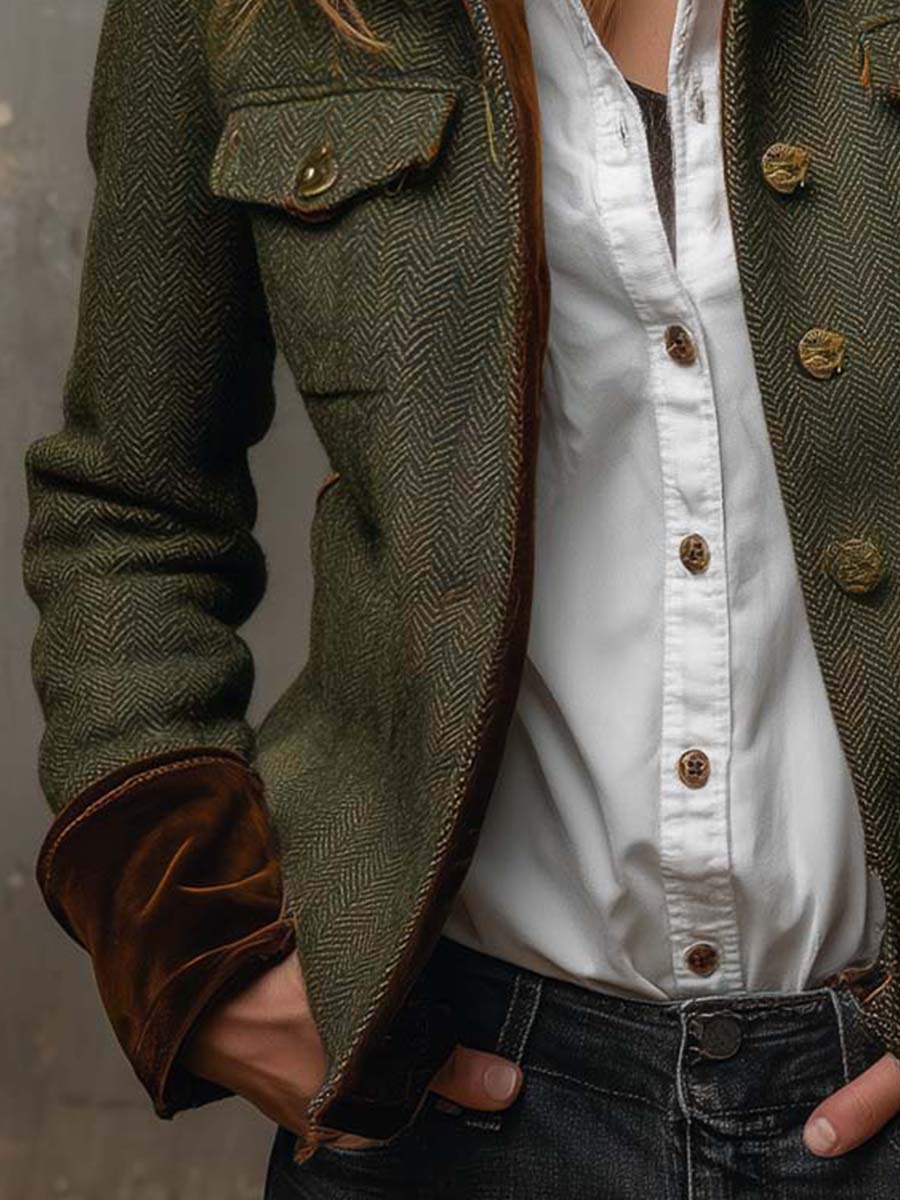 Women’s Bennett and Lowe Barbara herringbone contrast-trim blazer jacket with tailored fit and stylish design.