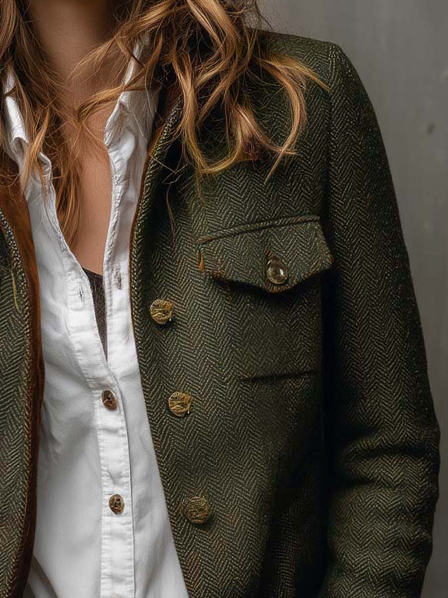 Barbara herringbone contrast-trim blazer jacket by Bennett and Lowe, tailored fit with stylish lapel and contrasting trim details.