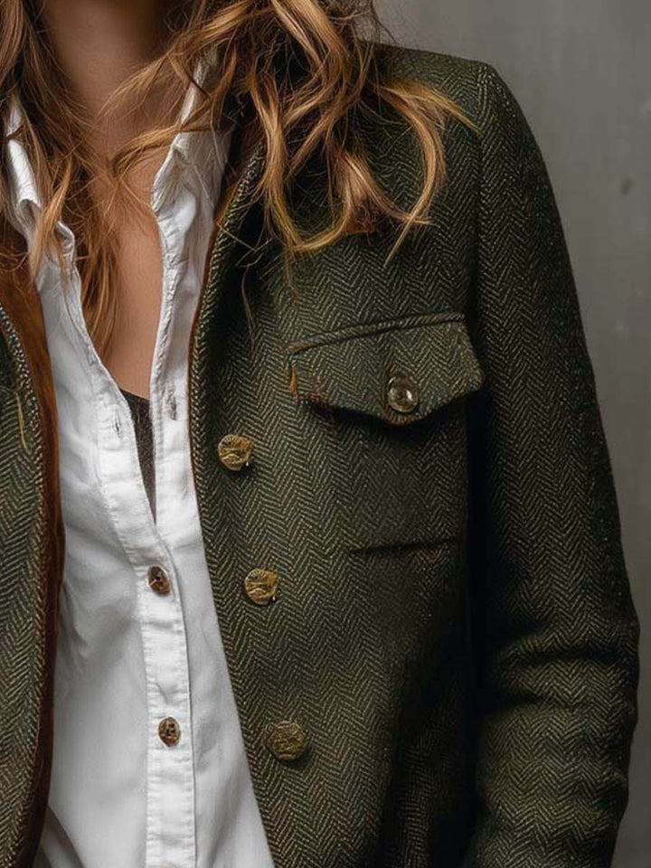 Barbara herringbone contrast-trim blazer jacket by Bennett and Lowe, tailored fit with stylish lapel and contrasting trim details.