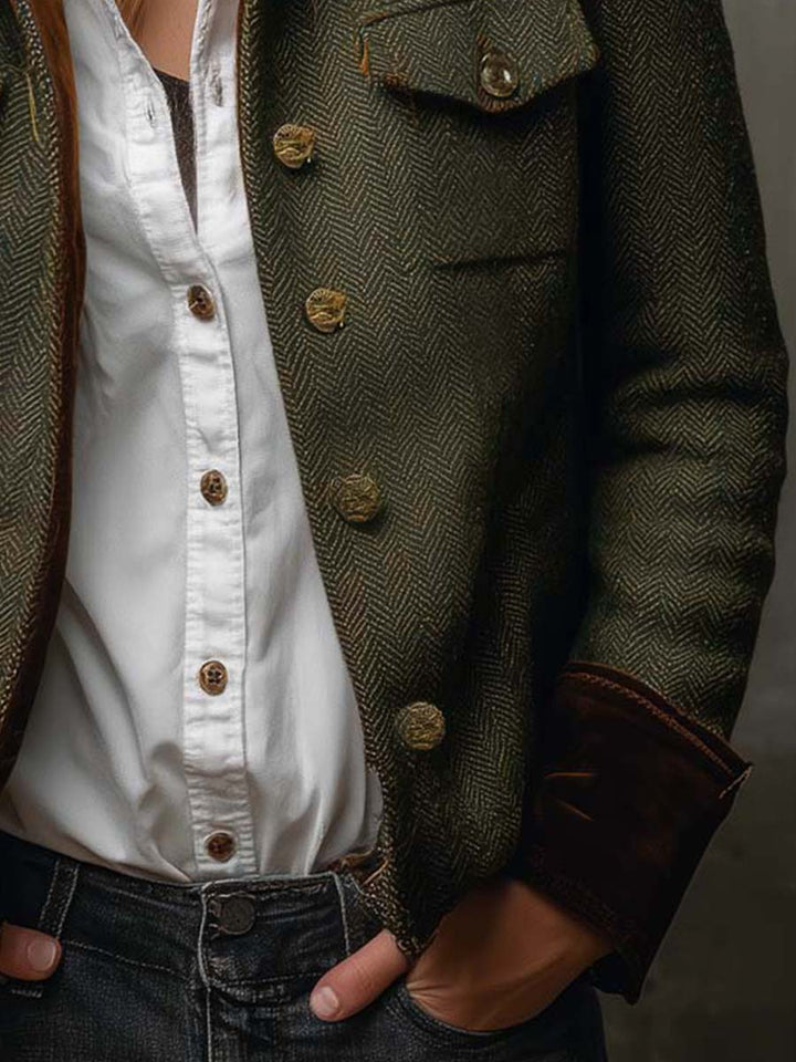 Barbara herringbone contrast-trim blazer jacket by Bennett and Lowe, tailored with a stylish herringbone pattern and contrasting trim.