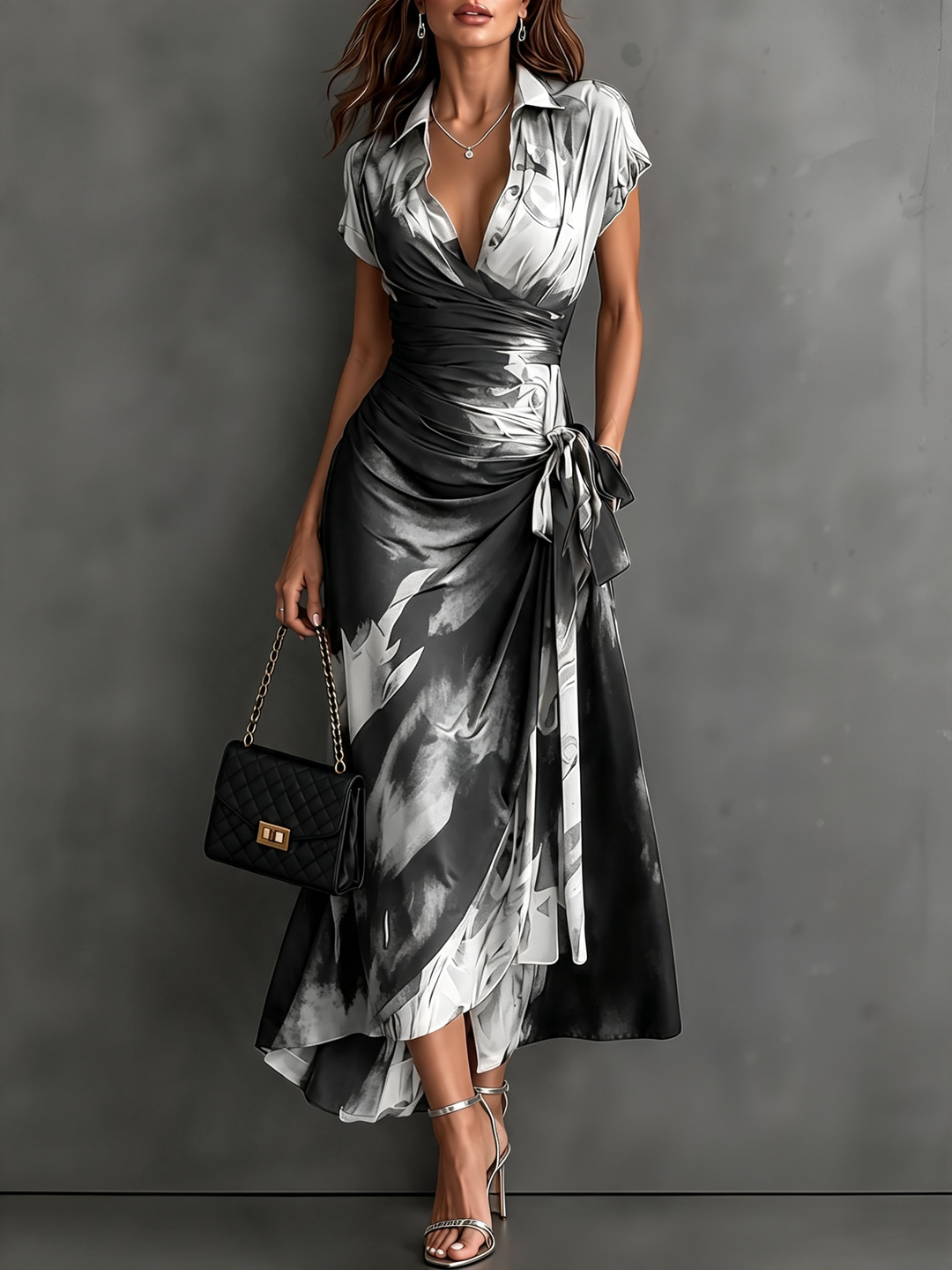 Black and white abstract print midi wrap dress by Bennett & Lowe, featuring a stylish and elegant design.