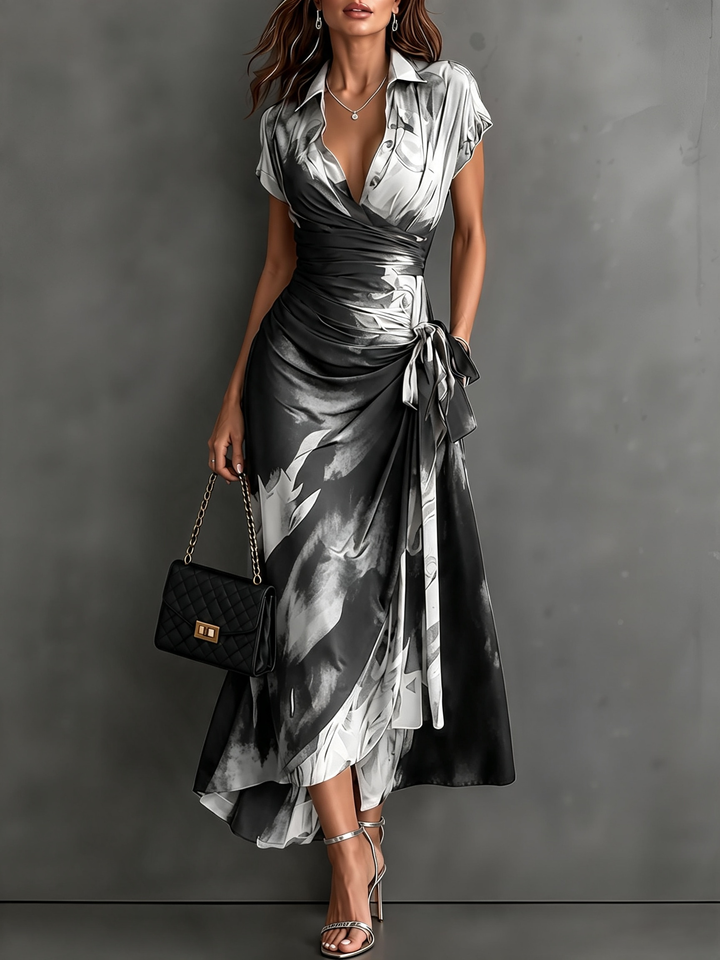 Black and white abstract print midi wrap dress by Bennett & Lowe, featuring a stylish and elegant design.
