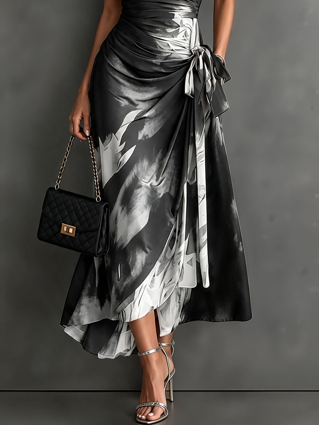 Black and white abstract print midi wrap dress from Bennett & Lowe, featuring a stylish and elegant design.