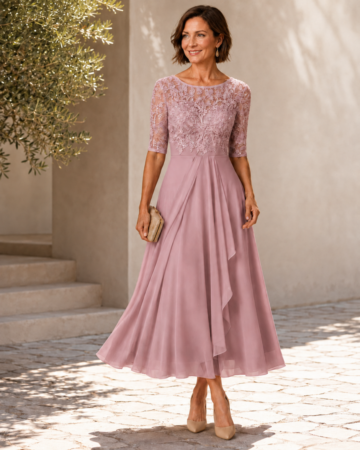 Rose lace midi dress by My Store 2, showcasing a flattering fitted silhouette with intricate lace details and a soft pink hue.