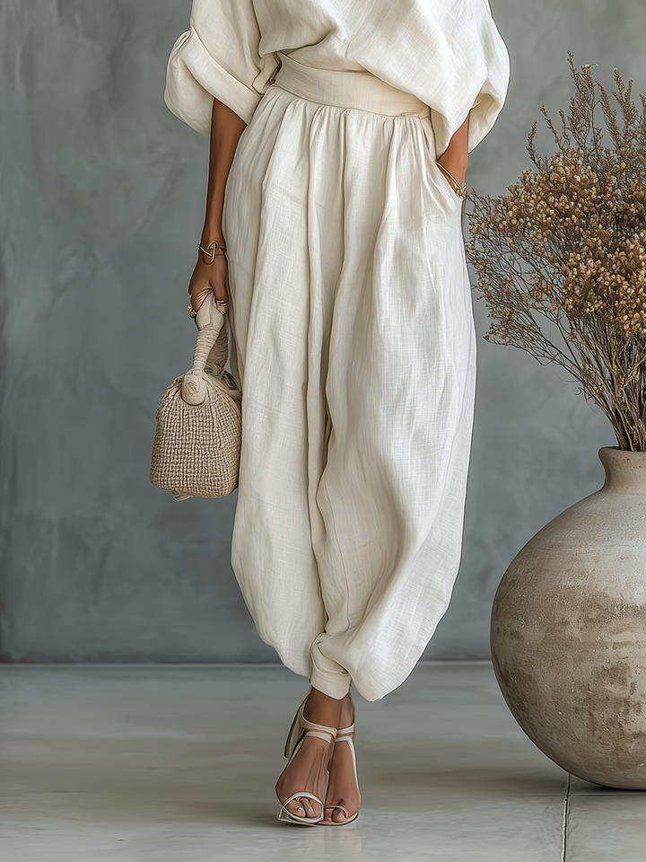 Selene relaxed draped two-piece women's set by Bennett and Lowe, featuring comfortable fit and stylish design.