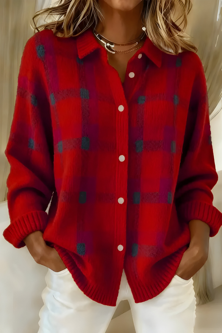 Anna plaid knit cardigan by Bennett and Lowe, featuring a cozy, patterned wool blend with button closures and a relaxed fit.