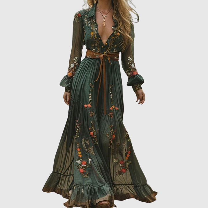 Alina Soleil | Embroidered V-Neck Long-Sleeve Boho Maxi Dress for Women