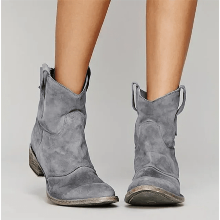 Bennett and Lowe Charlotte Comfort Suede Ankle Boots with low heel and side zipper, stylish footwear for casual wear.