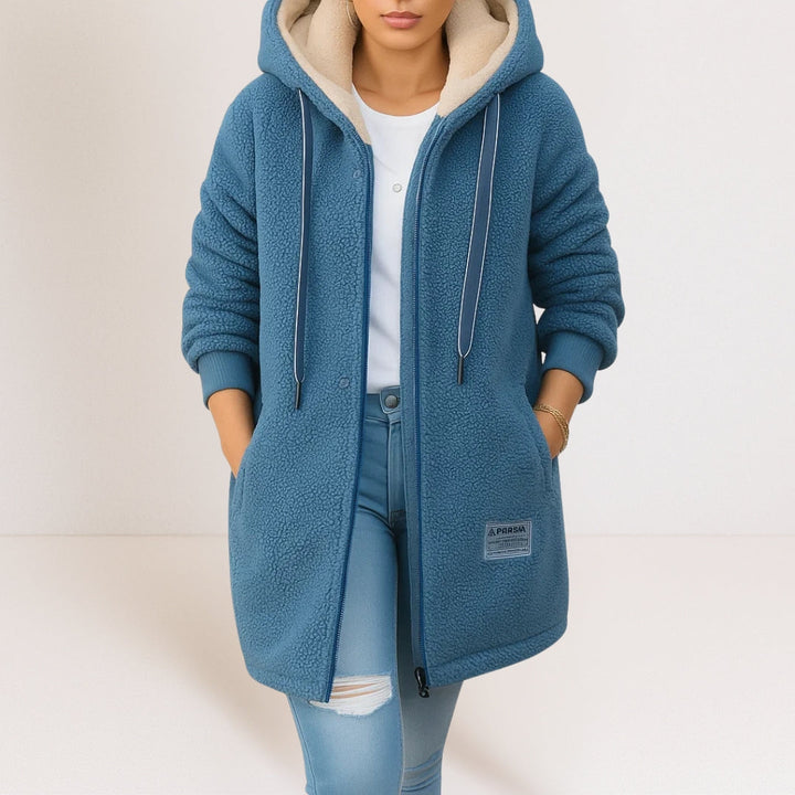 Marceline cozy hooded women's jacket by Bennett and Lowe, featuring soft fabric and a comfortable fit, shown in a front view.