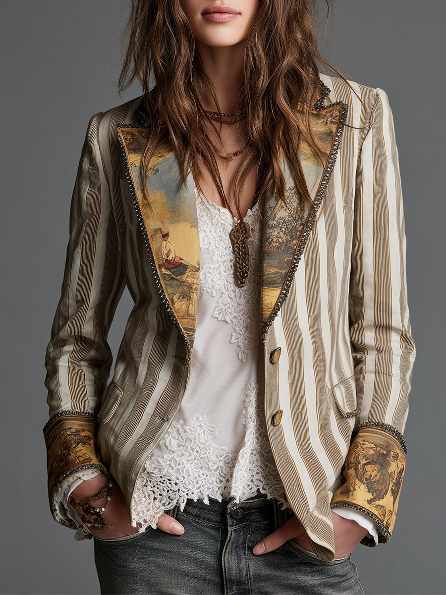 Marielle Bennett and Lowe boho striped long sleeve blazer for women with lapel collar, stylish and comfortable for casual or professional wear.